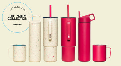 Set of tumblers and mugs with straws on a beige background, introducing 'The Party Collection'.