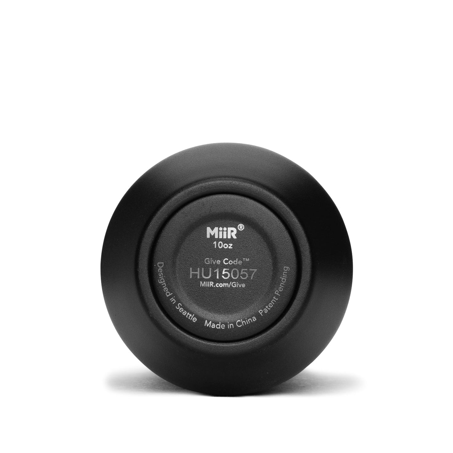Bottom of a black MiiR 10oz Wine Tumbler showing Give Code