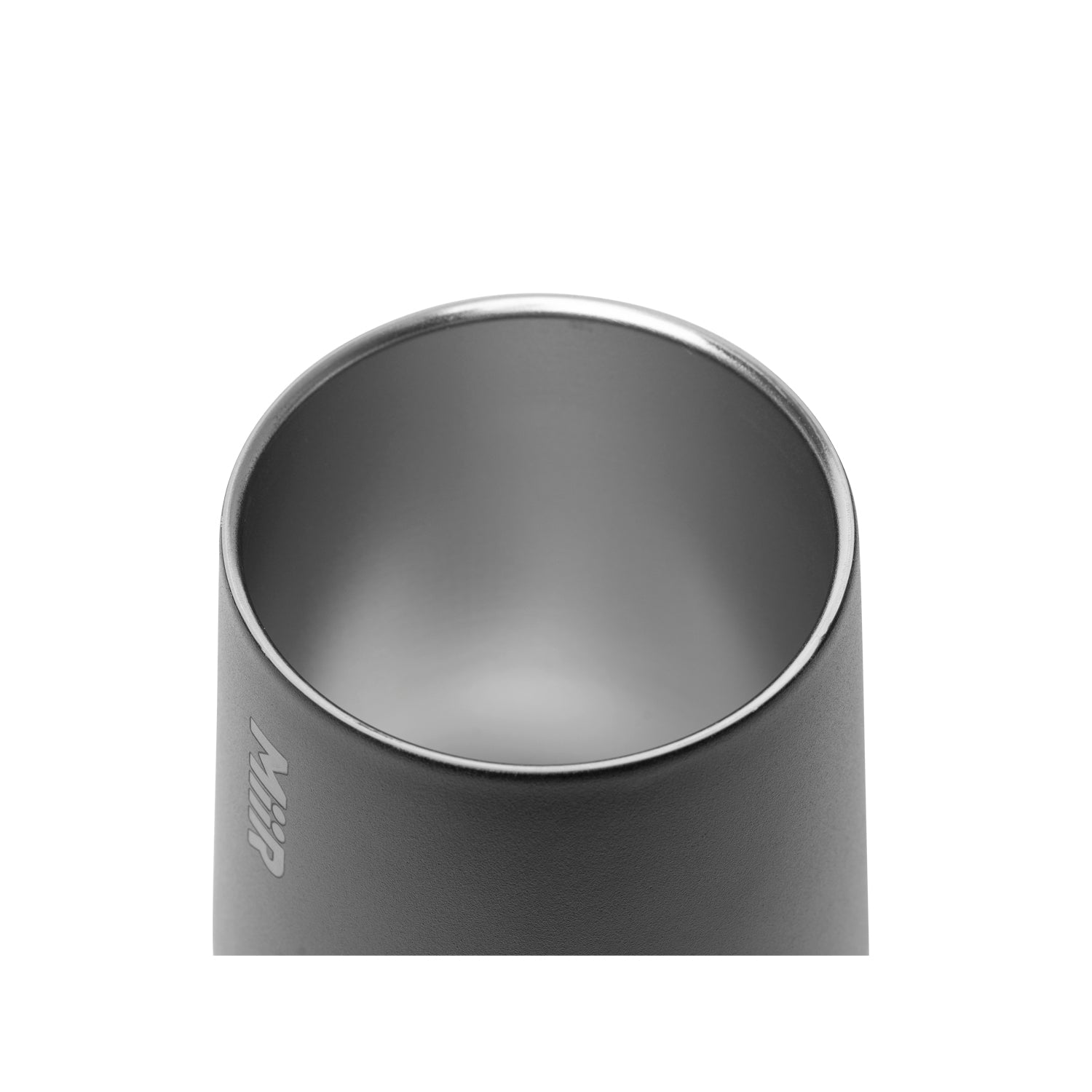 A black MiiR 10oz Wine Tumbler top with lid off