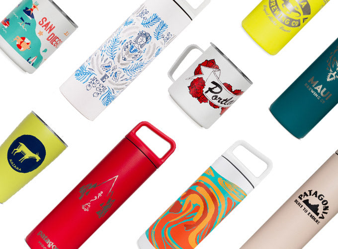 Customized bottles and cups over a white background