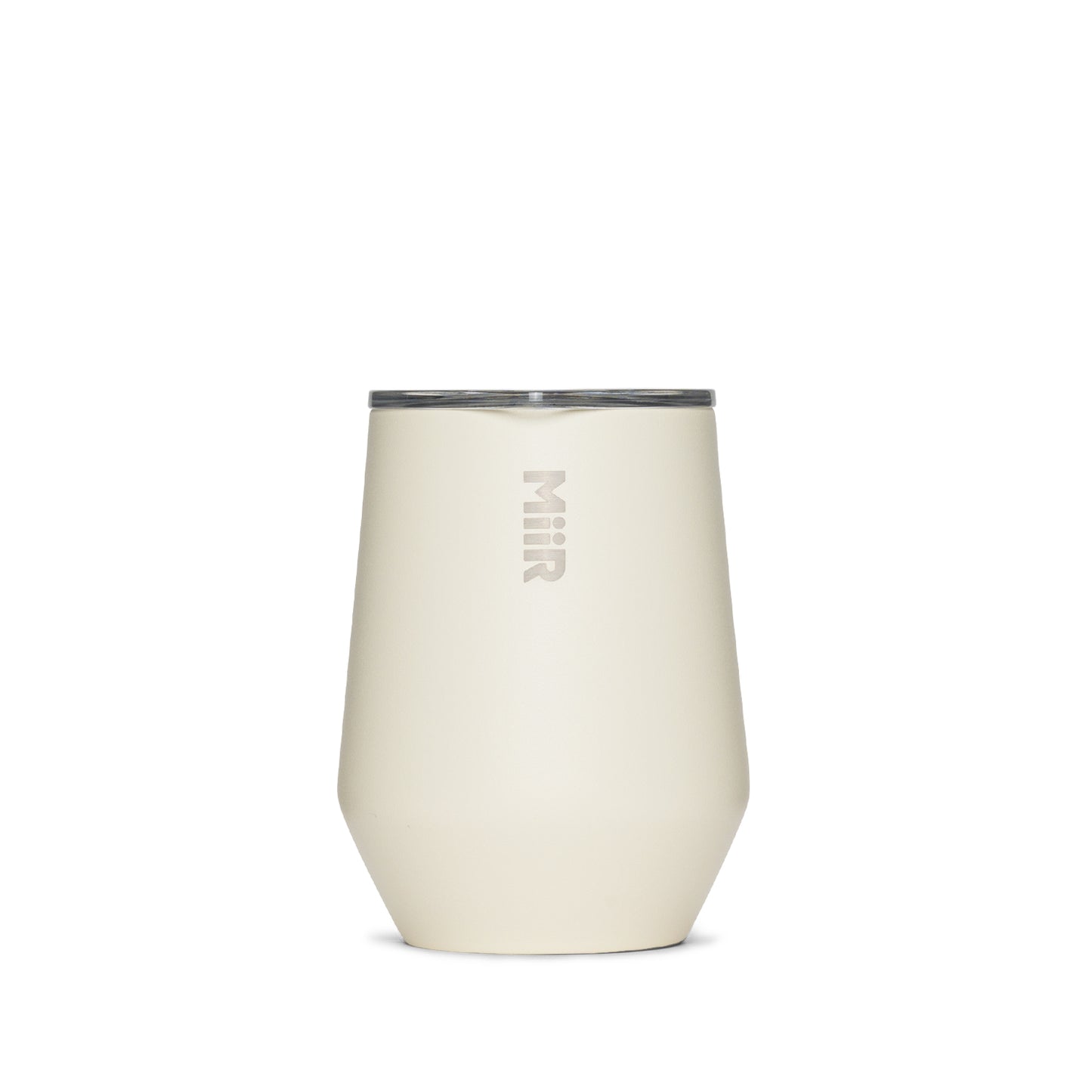 A sandstone white MiiR wine tumbler with a press-fit slide lid.