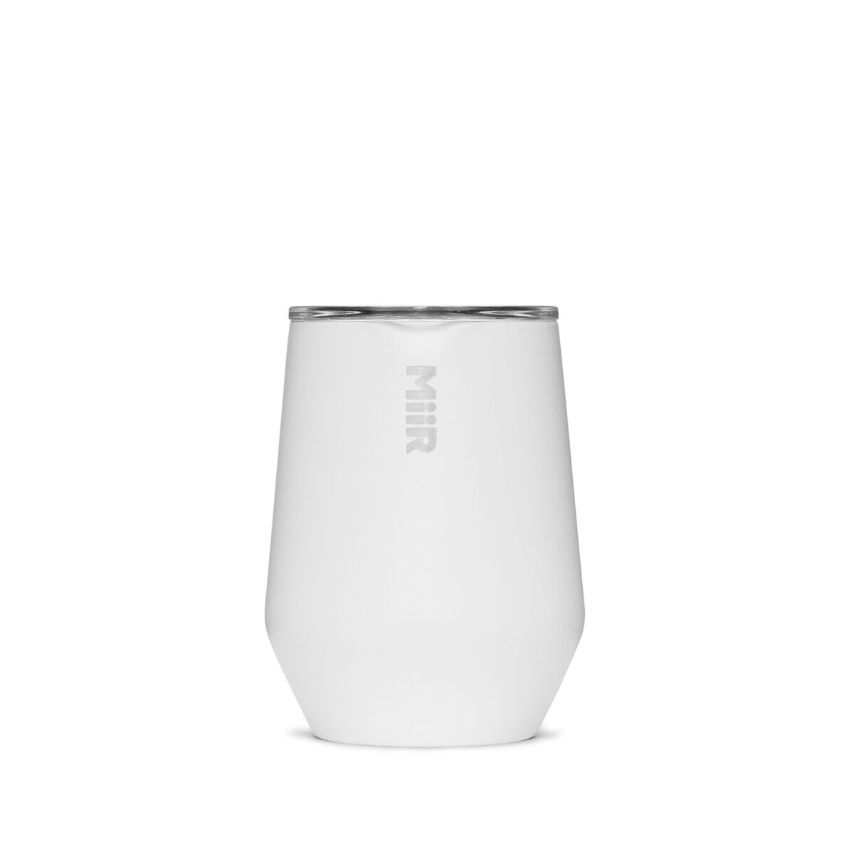 A white MiiR wine tumbler with a press-fit slide lid.