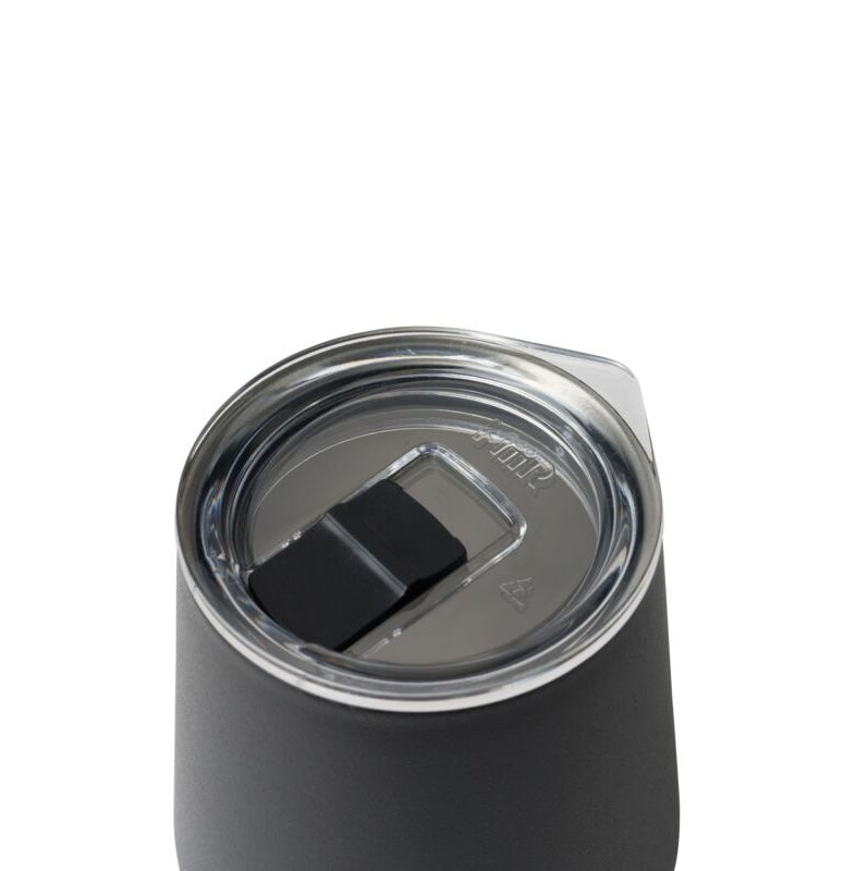 A close up of a black MiiR wine tumbler with a press-fit slide lid top showing.