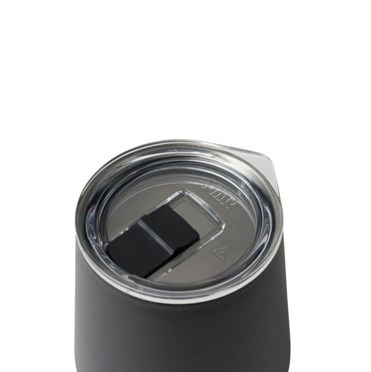 A black MiiR 10oz Wine Tumbler top showing press-fit slide lid