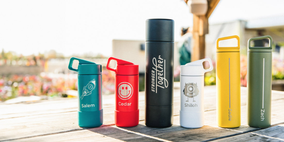 Collection of personalized MiiR bottles in various colors