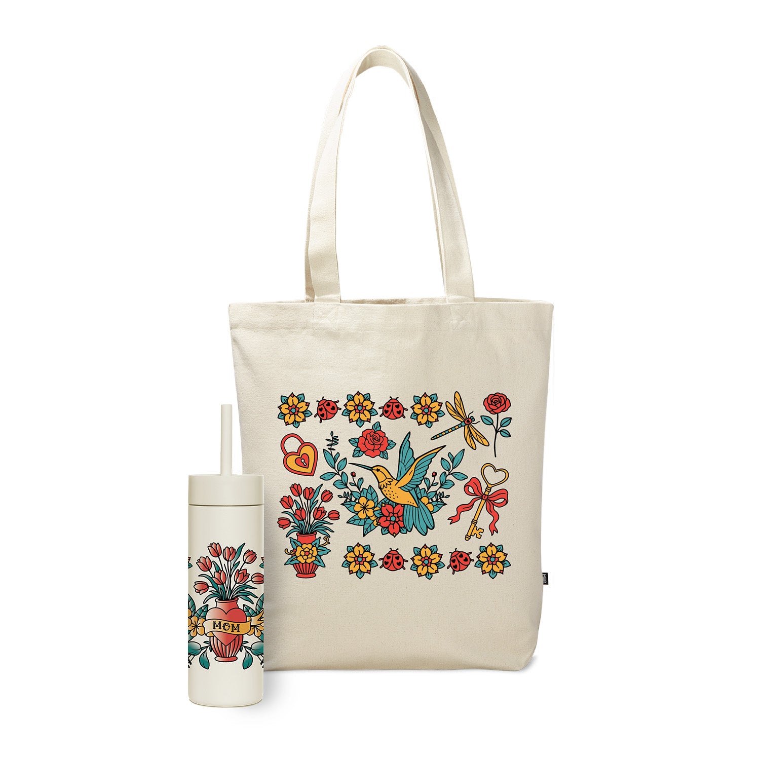 Canvas Tote and Sipper Straw Bottle with Mother's Day designs
