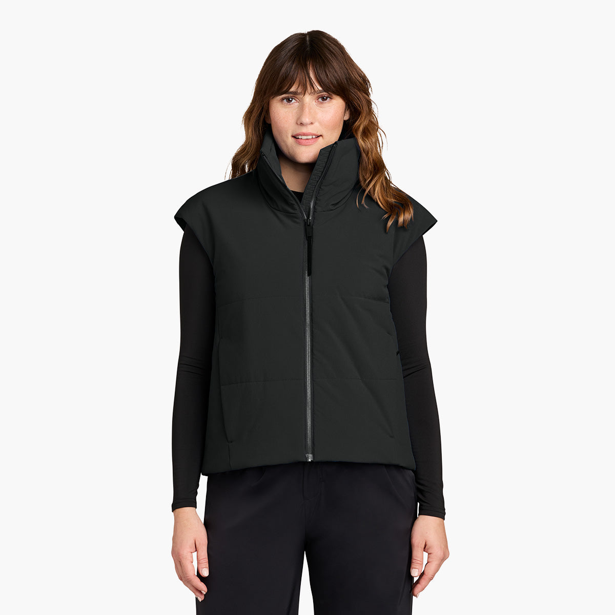 Women's Sashiko Insulated Vest - Pitch Black - Model Front