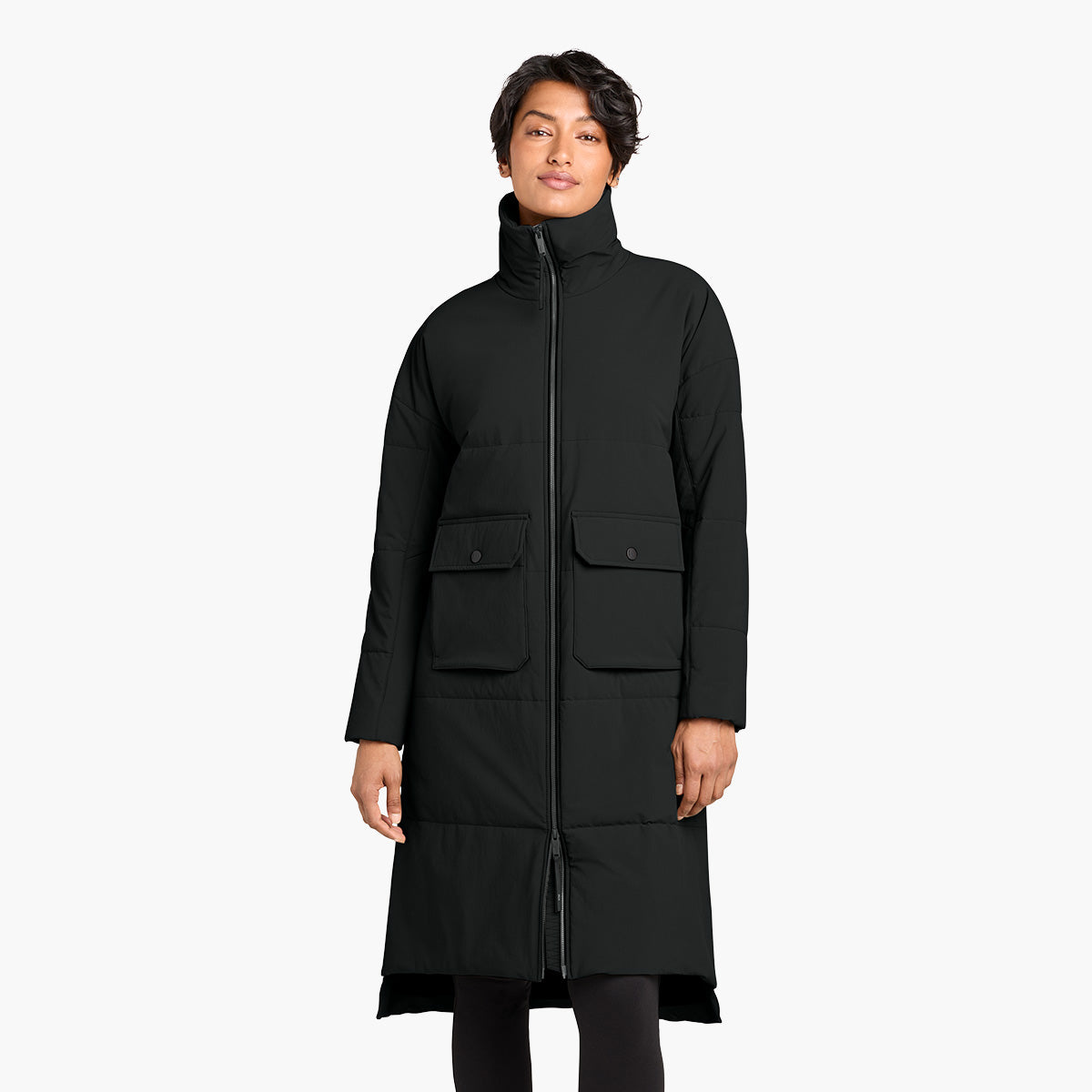 Women's Sashiko Insulated Long Jacket - Pitch Black - Model Front
