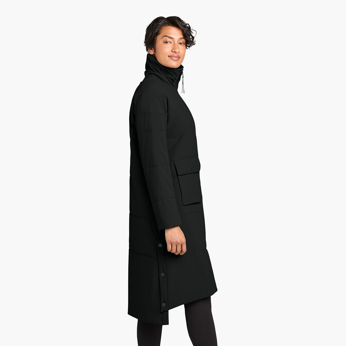 Women's Sashiko Insulated Long Jacket - Pitch Black - Model Side