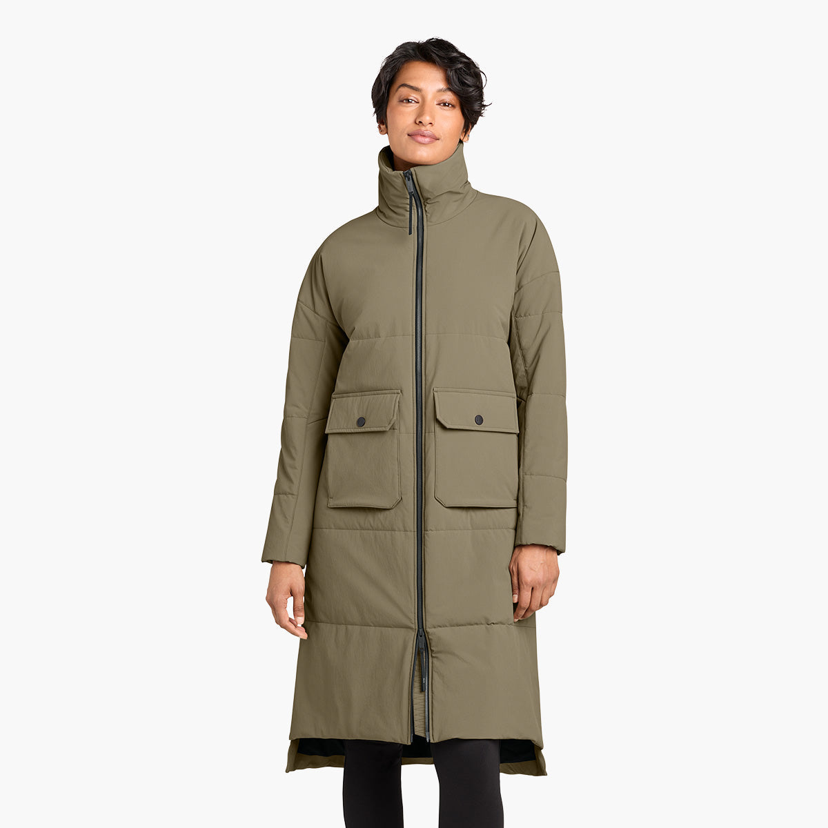 Women's Sashiko Insulated Long Jacket - Truffle - Model Front