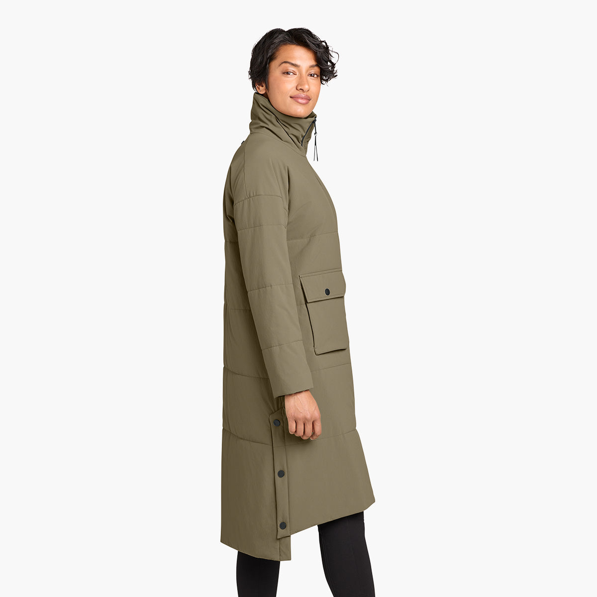 Women's Sashiko Insulated Long Jacket - Truffle - Model Side