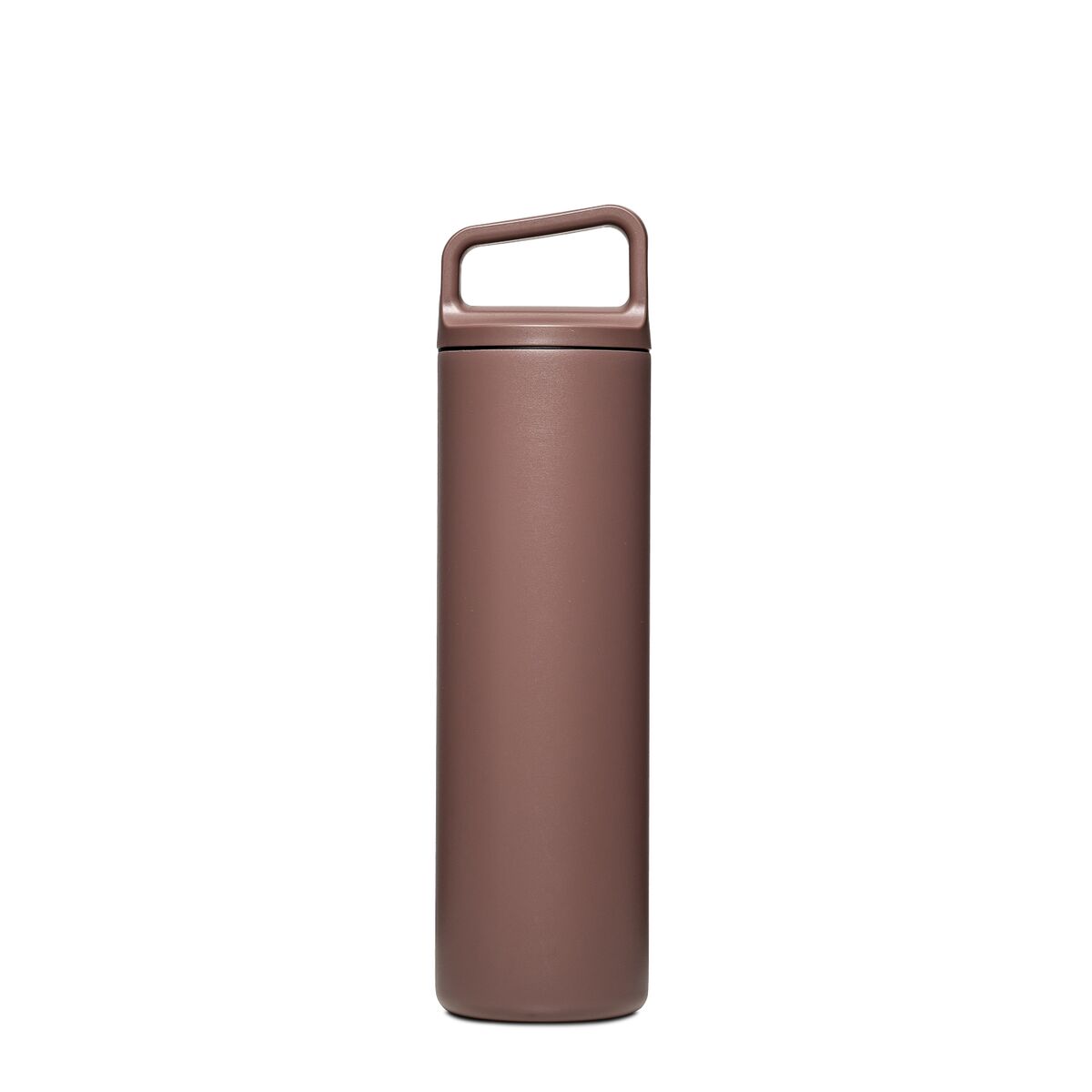 Back view of Cedar Brown insulated bottle with a handle on a white background