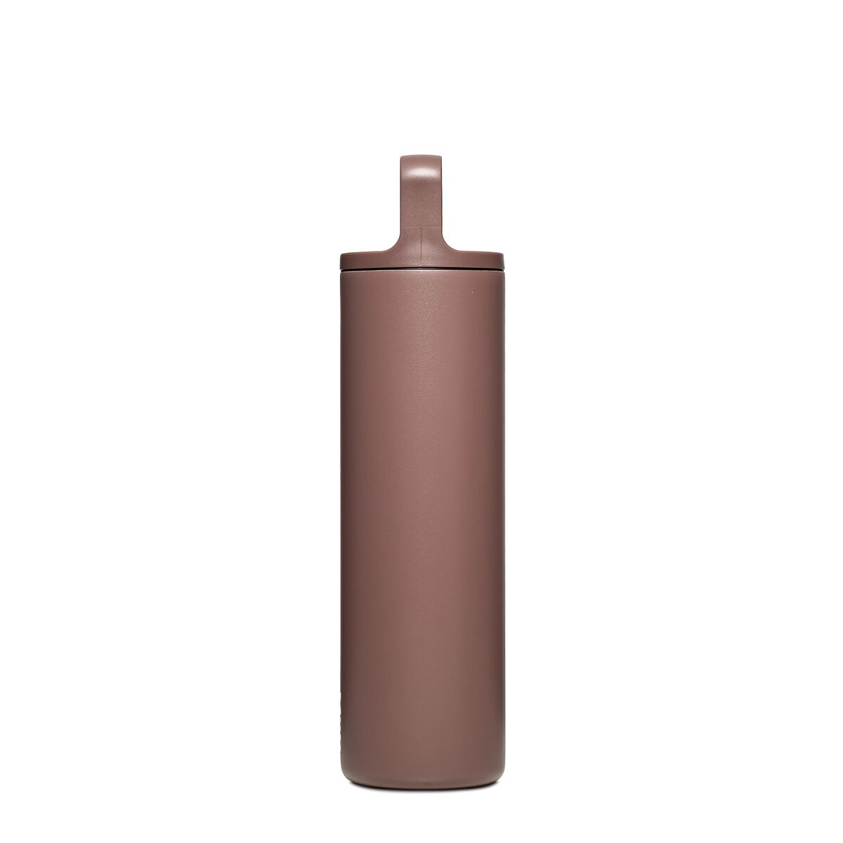 Side view of Cedar Brown thermos bottle with a cap on a white background