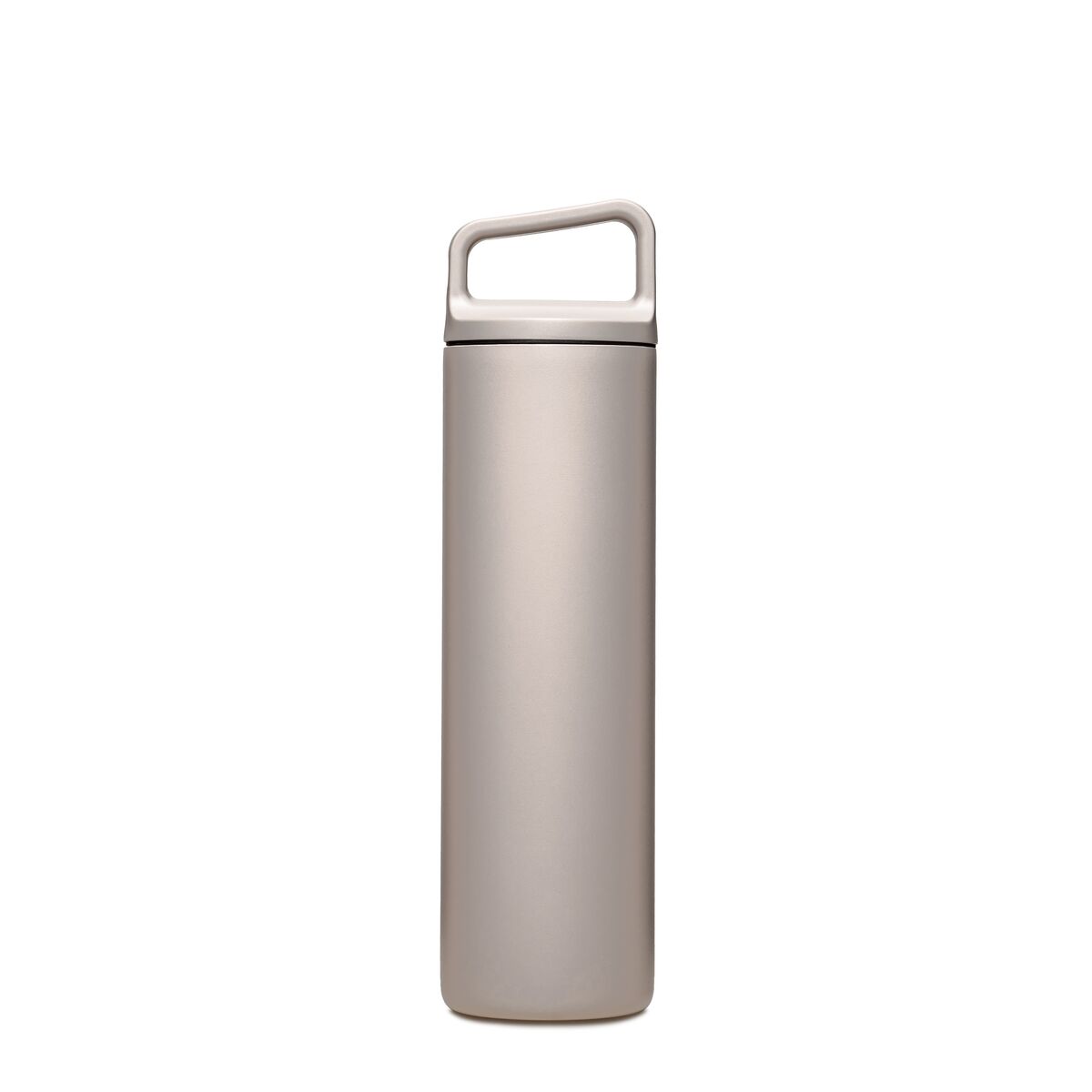 Back facing Feather gray insulated bottle with a D ring cap on a white background