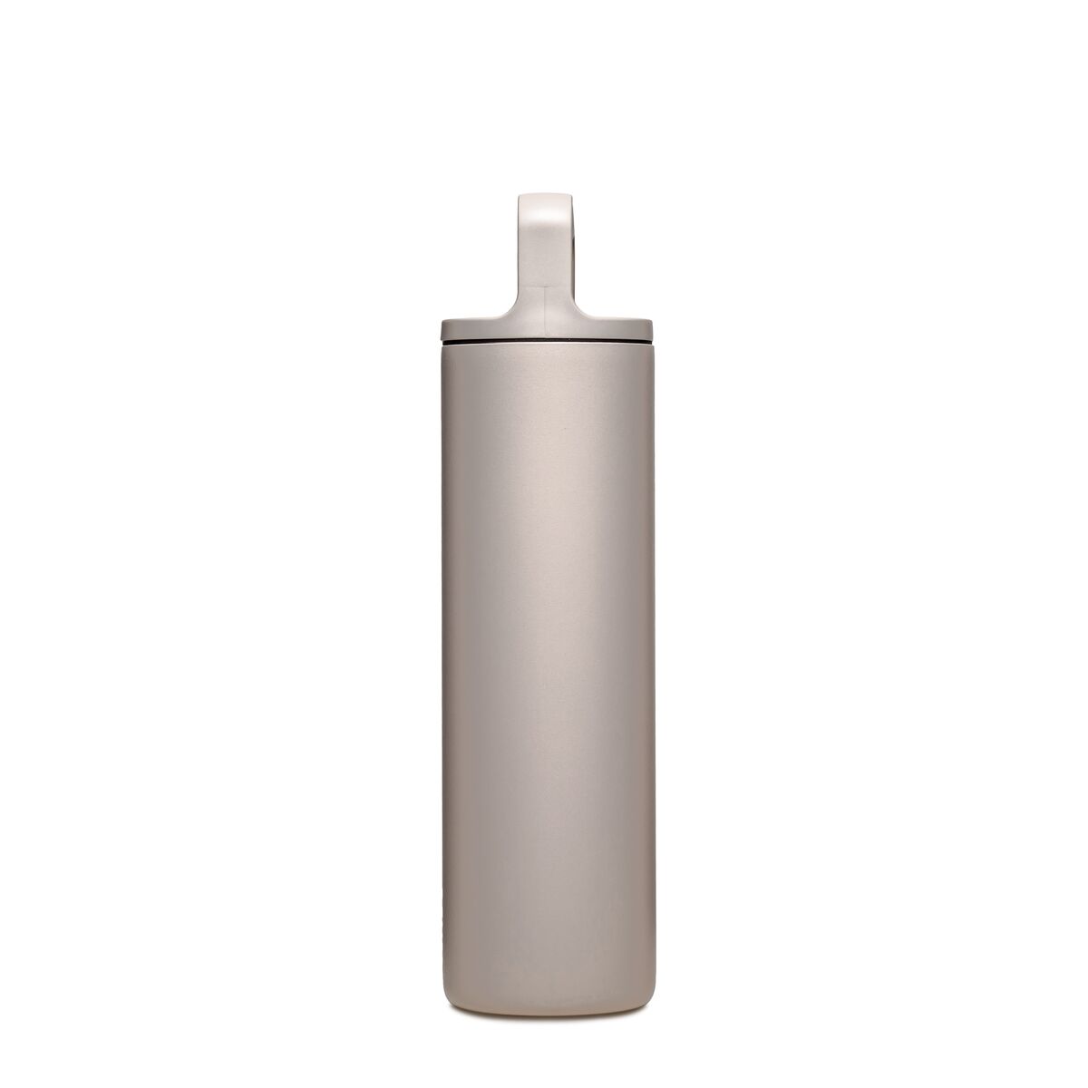 Side view of Feather gray insulated bottle with a D ring cap on a white background
