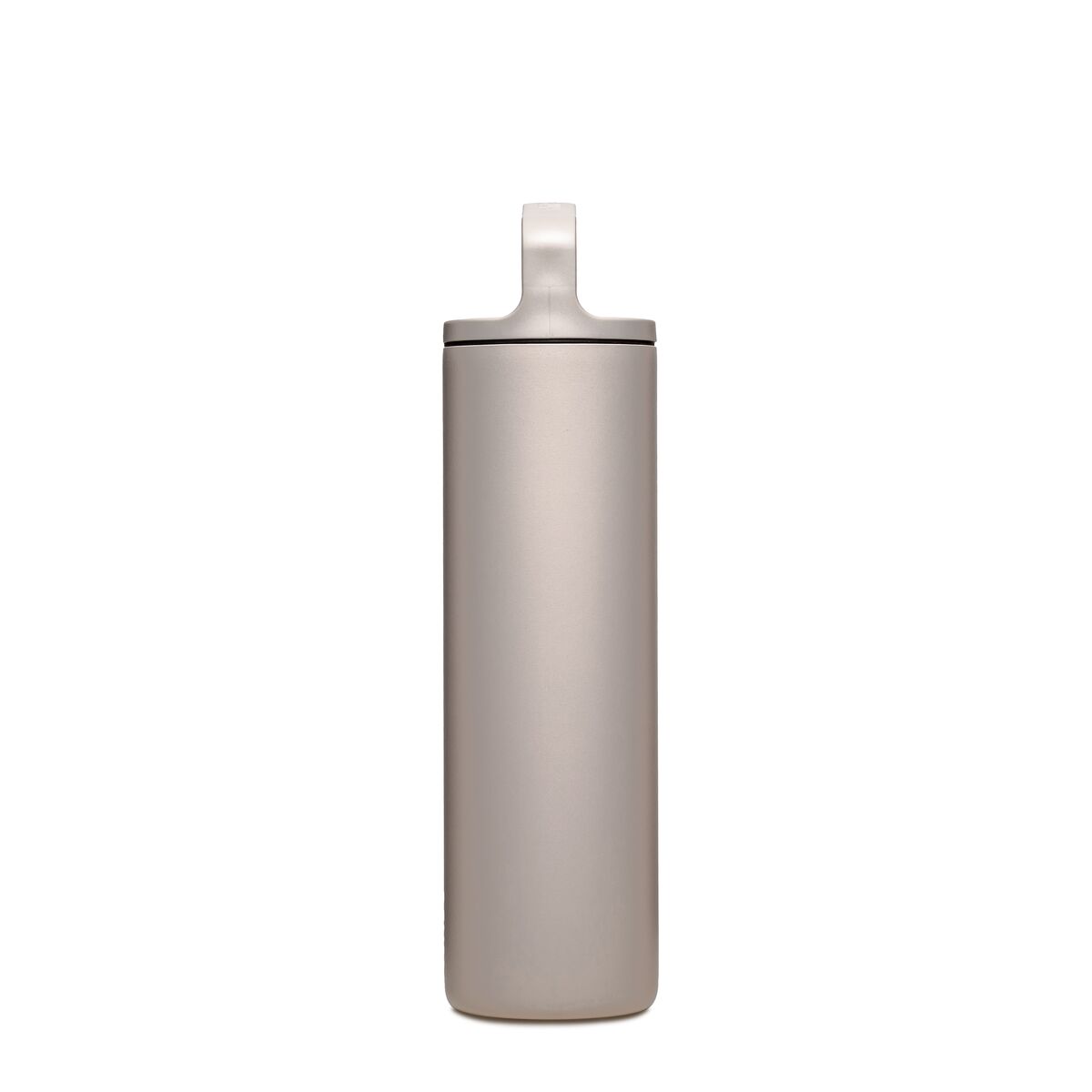 Side view of Feather gray insulated bottle with a D ring cap on a white background