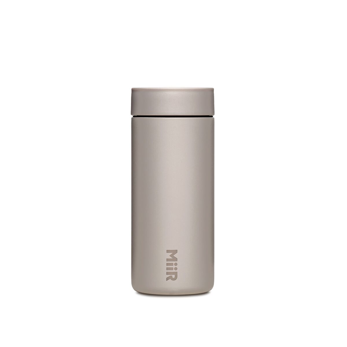 Feather Gray thermos bottle with 'MIIR' branding on a white background
