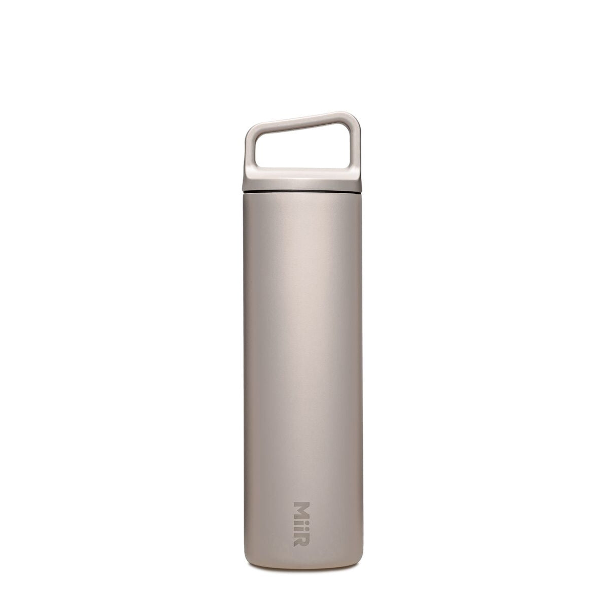 Feather gray insulated bottle with a D ring cap on a white background