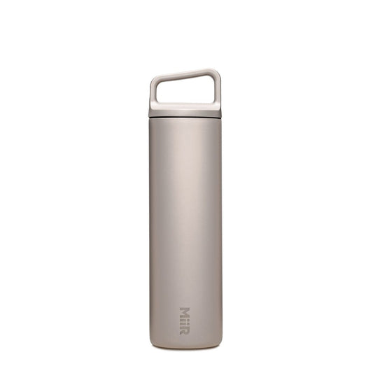 Feather gray insulated bottle with a D ring cap on a white background